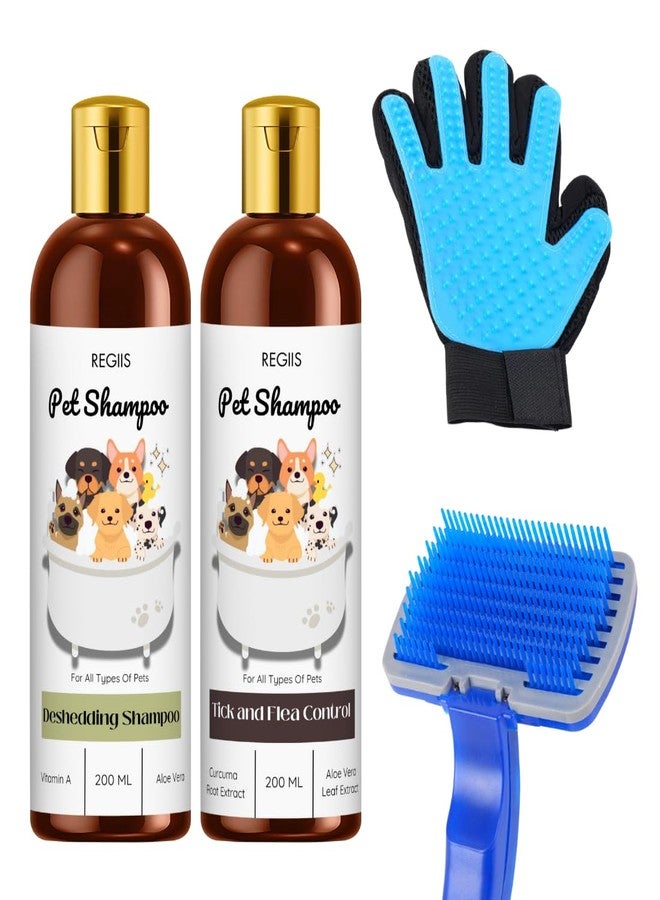 REGIIS Pet Grooming Set with Deshedding Shampoo, Tick and Flea Control Shampoo, Self-Cleaning Brush, Pet Grooming Glove, 200ml, 4 Pieces - Image 1